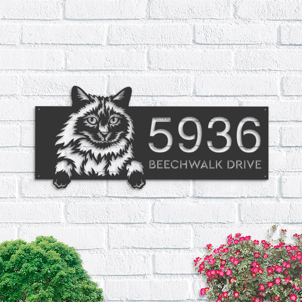 Personalized Balinese Cute peeking cat kitten Metal Address Sign House number Hanging Address Plaque Yard Sign Outdoor Sign Garden Stake