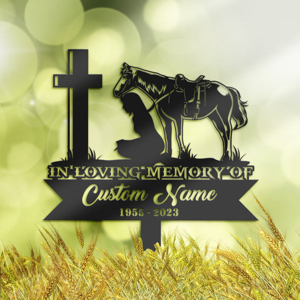 Personalized Cowgirl kneeling at cross Memorial Stake, Metal Stake, Sympathy Sign, Grave Marker, Remembrance Stake