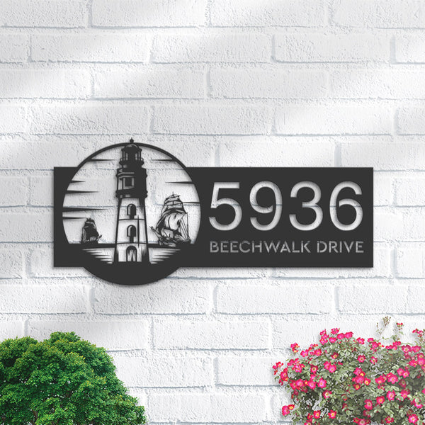 Personalized Lighthouse and ship sea adventure Metal Address Sign House number Hanging Address Plaque Yard Sign Outdoor Sign Garden Stake