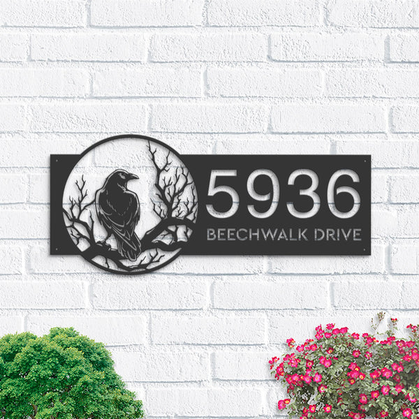 Personalized Black crow raven on a tree branch Metal Address Sign House number Hanging Address Plaque Yard Sign, Outdoor Sign Garden Stake