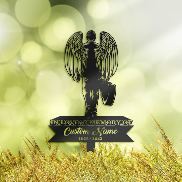 Personalized Man with angel wings walking with guitar musician Memorial Stake, Metal Stake, Sympathy Sign, Grave Marker, Remembrance Stake