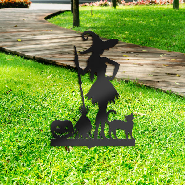 Halloween Witch and black cat Metal Yard Stake, Outdoor Decoration, Garden sign, Porch Decor. Holiday Gifts