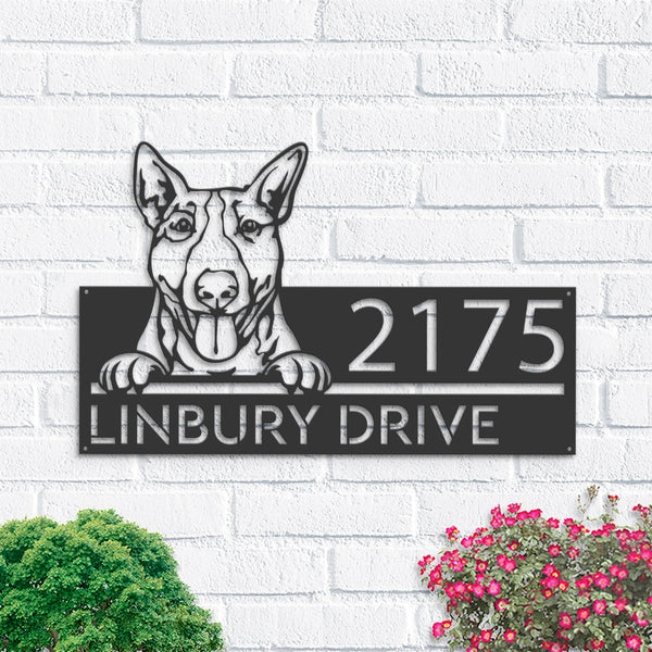 Personalized Bull Terrier dog, cute puppy Metal Address Sign House number Hanging Address Plaque Yard Sign Outdoor decor Garden Stake