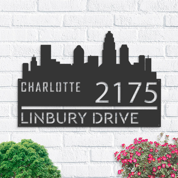 Personalized Charlotte city skyline Metal Address Sign Hanging Address Plaque house number Yard Outdoor Sign Garden Stake