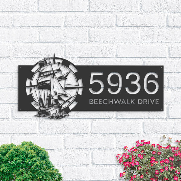 Personalized Ship with compass sailing Metal Address Sign House Number, Hanging Address Plaque | Yard Sign, Outdoor Sign| Garden Stake