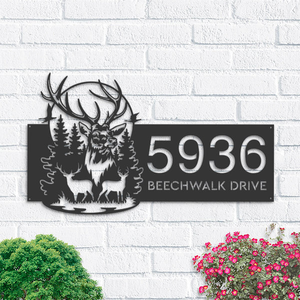 Personalized Deer buck forest scene Metal Address Sign | Hanging Address Plaque | Yard Sign, Outdoor Sign | Garden Stake