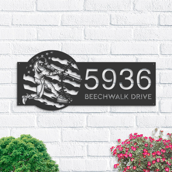 Personalized Baseball player distressed US flag Metal Address Sign House number Hanging Address Plaque Yard Sign Outdoor Sign Garden Stake