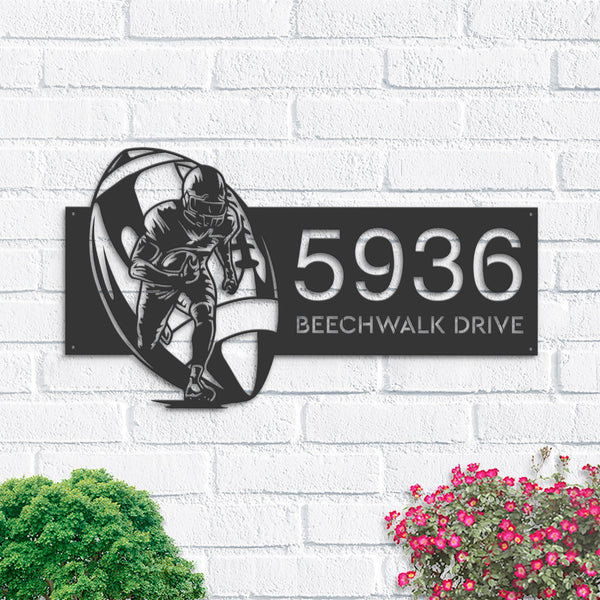 Personalized Football player Sport Metal Address Sign House number Hanging Address Plaque Yard Sign Outdoor Sign Garden Stake