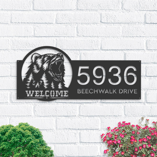 Personalized Bear forest scene wild life animal welcome Metal Address Sign | Hanging Address Plaque | Yard Sign, Outdoor Sign | Garden Stake