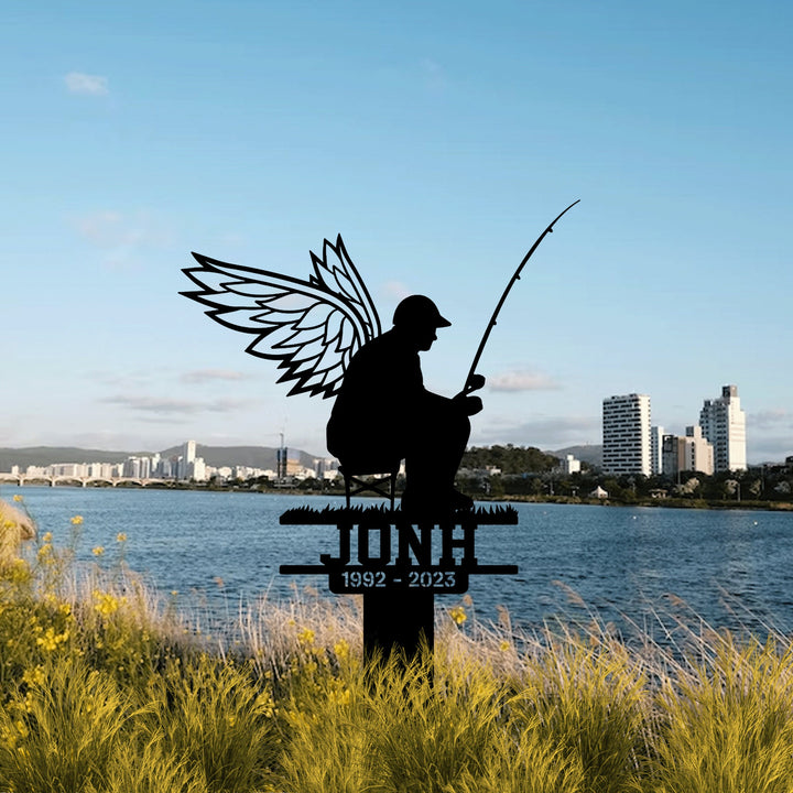Custom Fisherman With Wings Metal Stake, Loss Loved One, Sympathy Stake, Memorial Sign, Grave Marker, Fisherman Loss, Remembrance Sign