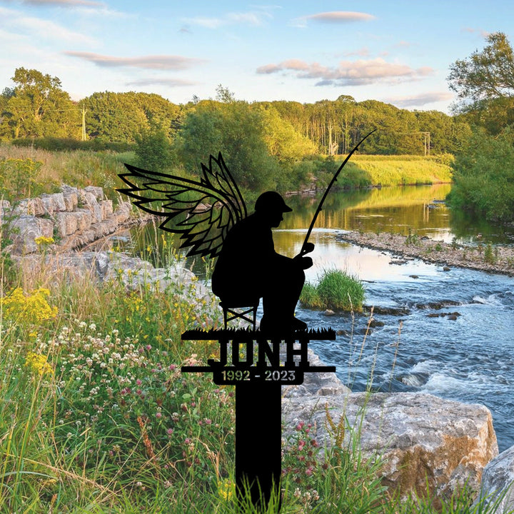 Custom Fisherman With Wings Metal Stake, Loss Loved One, Sympathy Stake, Memorial Sign, Grave Marker, Fisherman Loss, Remembrance Sign