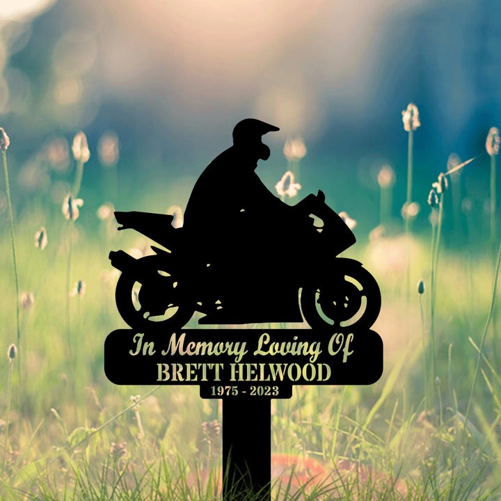 Custom Memorial Sign For Biker, Personalized Biker Memorial Metal Yard Sign,Motorcycle Grave Marker With Stake,Biker Name Sign,Garden Stake
