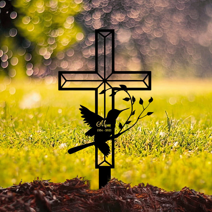 Personalized Cross Hummingbird Memorial, Metal Stake, Sympathy Sign, Grave Marker, Garden Decor, Hummingbird & Cross, Mom Loss, Dad Loss