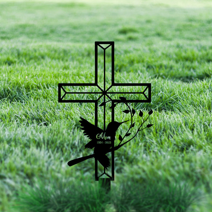 Personalized Cross Hummingbird Memorial, Metal Stake, Sympathy Sign, Grave Marker, Garden Decor, Hummingbird & Cross, Mom Loss, Dad Loss