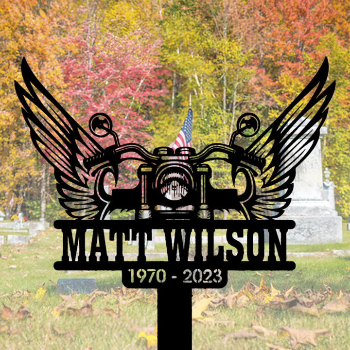 Personalized Rider Memorial Stake, Custom Grave Markers, Metal Memorial Stake, Riding With The Angels, Sympathy Sign, Motorcycle With Wings