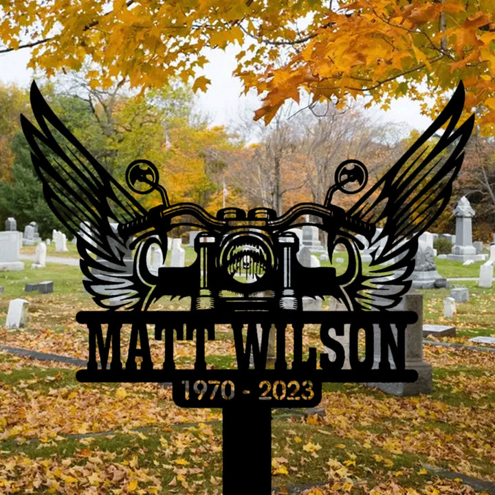 Personalized Rider Memorial Stake, Custom Grave Markers, Metal Memorial Stake, Riding With The Angels, Sympathy Sign, Motorcycle With Wings