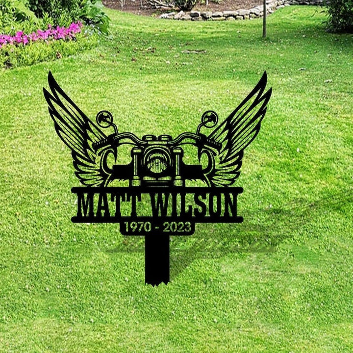 Personalized Rider Memorial Stake, Custom Grave Markers, Metal Memorial Stake, Riding With The Angels, Sympathy Sign, Motorcycle With Wings