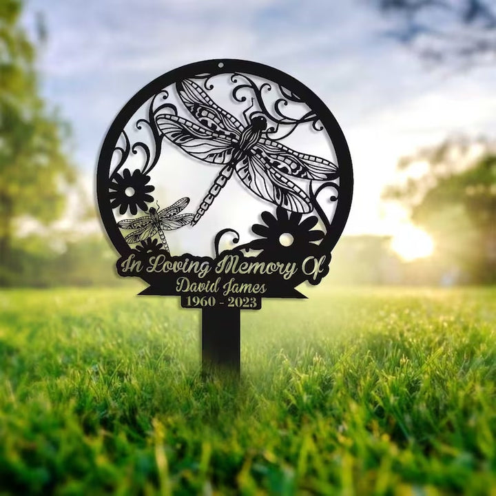 Custom Dragonfly Memorial Stake, Metal Stake, In Loving Memory, Sympathy Sign, Grave Marker, Garden Decor, Dragonfly and Flower Sign