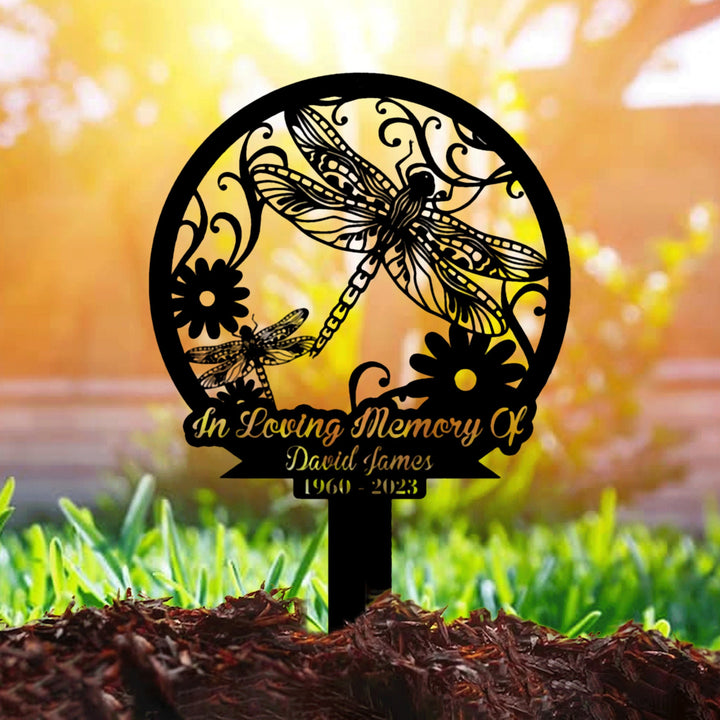 Custom Dragonfly Memorial Stake, Metal Stake, In Loving Memory, Sympathy Sign, Grave Marker, Garden Decor, Dragonfly and Flower Sign