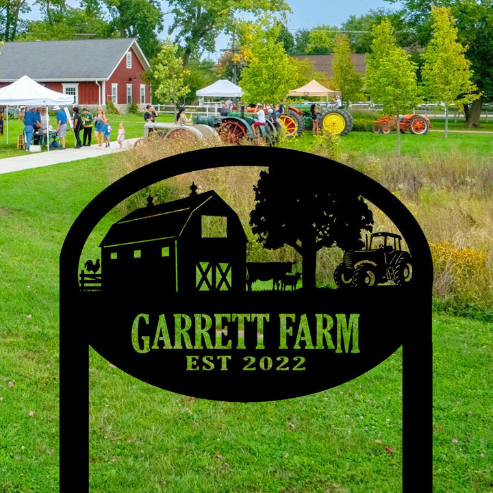 Custom Oval Tractor and Wagon Farm Scene Sign, Personalized Ranch metal sign, Farmhouse Decor, Gift For Farmer, Metal Farm Sign Name Sign