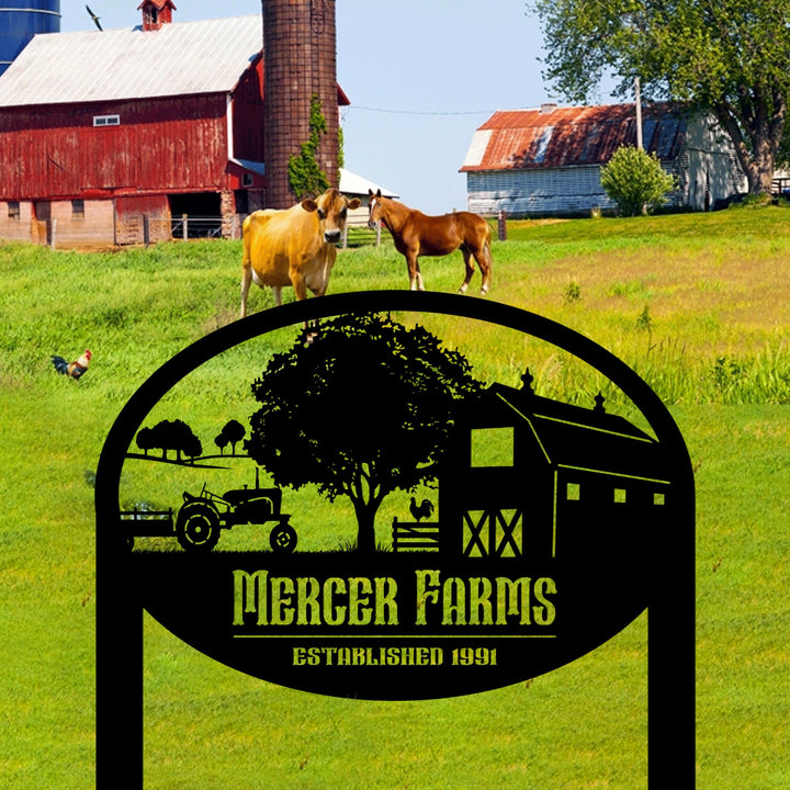 Personalized Oval Tractor and Wagon Farm Scene Sign, Custom Ranch metal sign, Farmhouse Decor, Gift For Farmer, Metal Farm Sign Name Sign