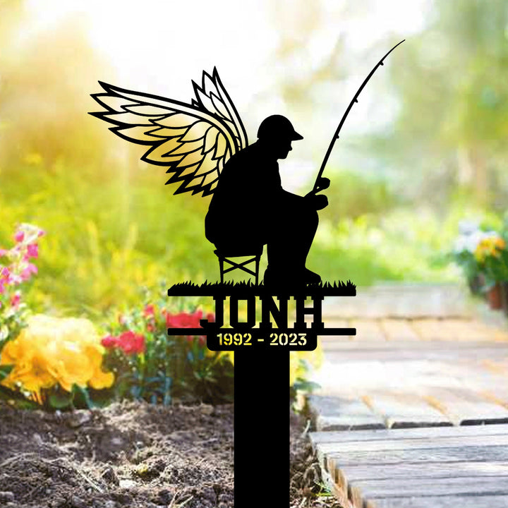 Custom Fisherman With Wings Metal Stake, Loss Loved One, Sympathy Stake, Memorial Sign, Grave Marker, Fisherman Loss, Remembrance Sign