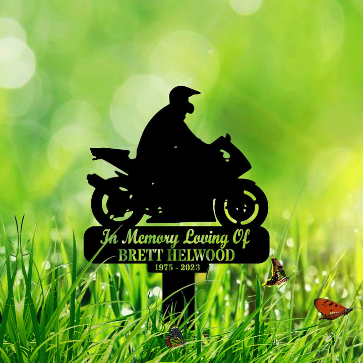 Custom Memorial Sign For Biker, Personalized Biker Memorial Metal Yard Sign,Motorcycle Grave Marker With Stake,Biker Name Sign,Garden Stake