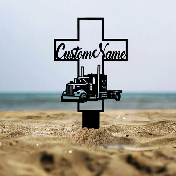 Personalized Cemetery Stake, Trucker Memorial, In Memorial Of Gift, Outdoor Sign, Trucker Loss, Fathers Day Gift, Grave Marker, Truck Cross