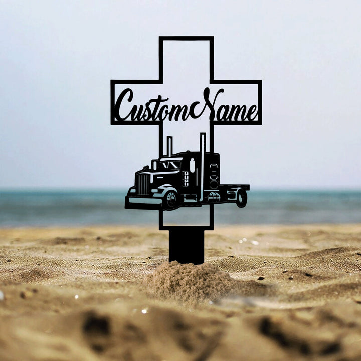 Personalized Cemetery Stake, Trucker Memorial, In Memorial Of Gift, Outdoor Sign, Trucker Loss, Fathers Day Gift, Grave Marker, Truck Cross