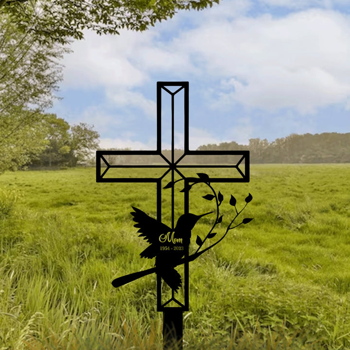 Personalized Cross Hummingbird Memorial, Metal Stake, Sympathy Sign, Grave Marker, Garden Decor, Hummingbird & Cross, Mom Loss, Dad Loss