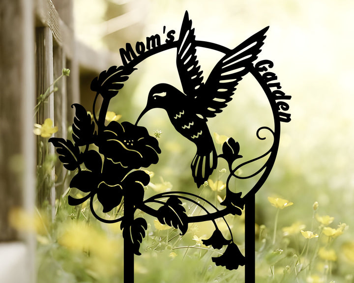 Custom Hummingbird Metal Garden Stake, Personalized Garden Name Sign, Metal Yard Sign, Garden Metal Art, Garden Decors, Floral Metal Sign