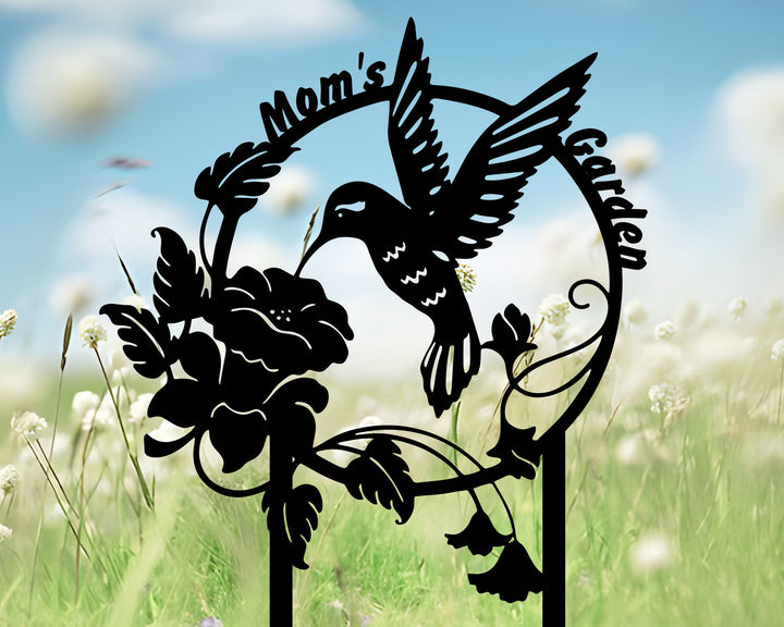 Custom Hummingbird Metal Garden Stake, Personalized Garden Name Sign, Metal Yard Sign, Garden Metal Art, Garden Decors, Floral Metal Sign