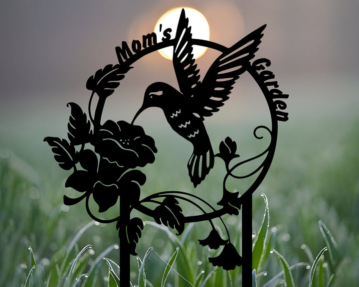Custom Hummingbird Metal Garden Stake, Personalized Garden Name Sign, Metal Yard Sign, Garden Metal Art, Garden Decors, Floral Metal Sign