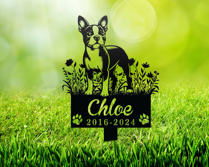 Custom Boston Terrier Dog, Metal Memorial Garden Stake, Personalized Pet Grave Marker Name Sign, Remembrance Stake, Sympathy Dog Loss Gift