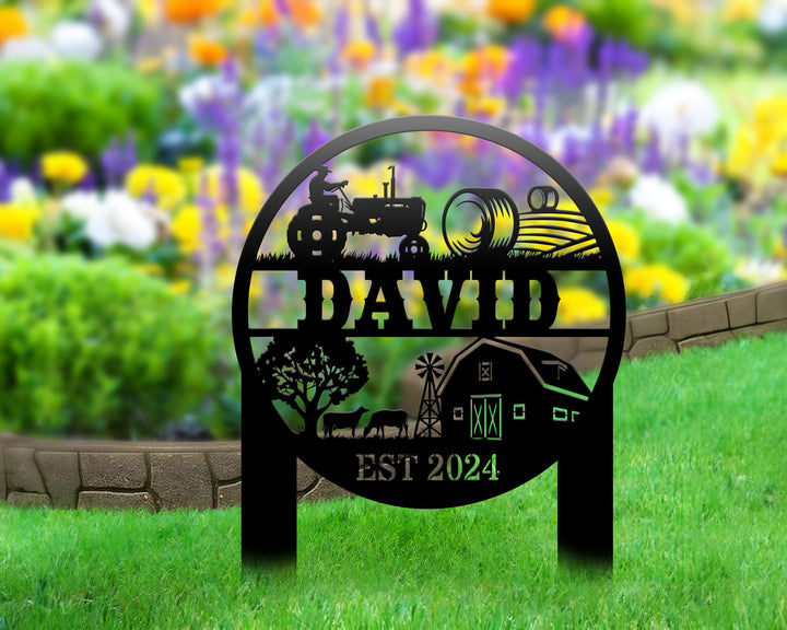 Custom Farm Sign Metal Yard Stake, Personalized Outdoor Gift, Lawn Decoration With Cows And Hay Field, Ranch Metal Sign, Farmhouse Decor