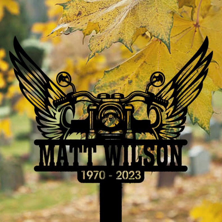 Personalized Rider Memorial Stake, Custom Grave Markers, Metal Memorial Stake, Riding With The Angels, Sympathy Sign, Motorcycle With Wings