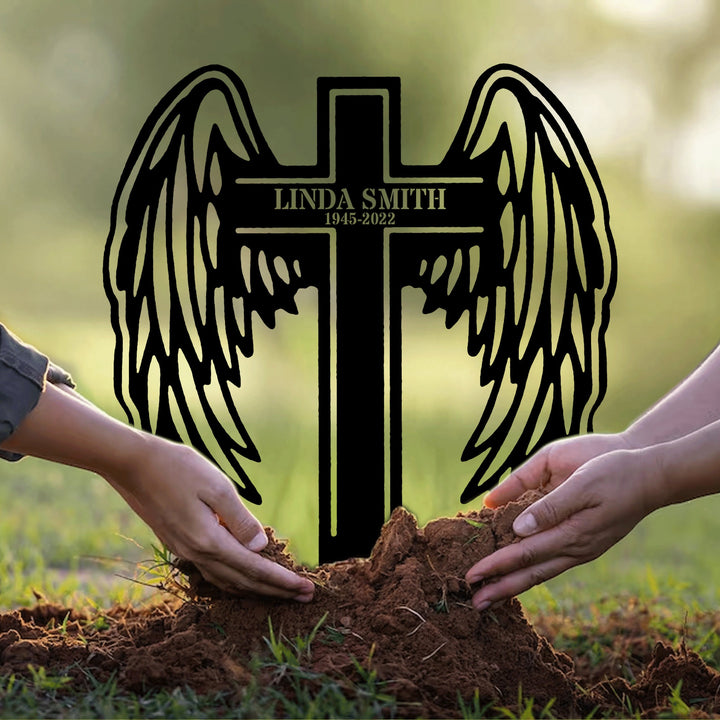 Custom Angel Wings Cross Custom Name Metal Yard Stake, Memorial Cross Stake, Grave Marker, Cross with Wings, Sympathy Gift, Sympathy Sign
