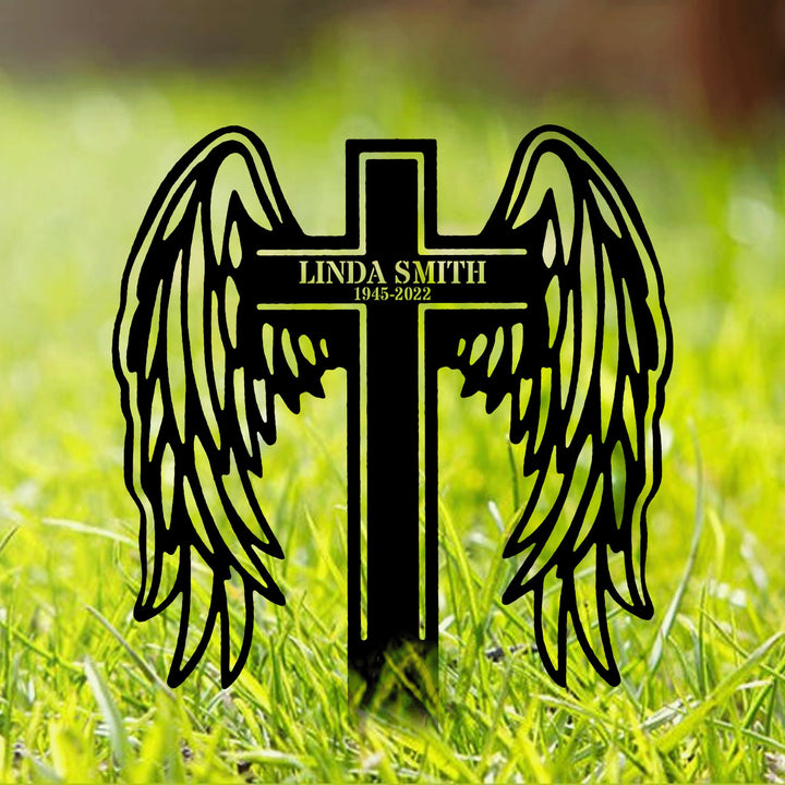 Custom Angel Wings Cross Custom Name Metal Yard Stake, Memorial Cross Stake, Grave Marker, Cross with Wings, Sympathy Gift, Sympathy Sign