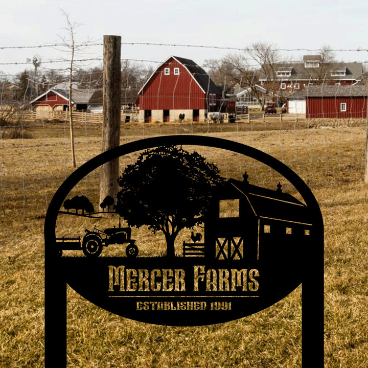 Personalized Oval Tractor and Wagon Farm Scene Sign, Custom Ranch metal sign, Farmhouse Decor, Gift For Farmer, Metal Farm Sign Name Sign
