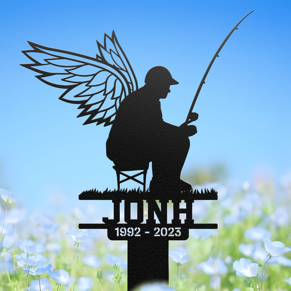 Personalized Fisherman With Wings Metal Stake, Loss Loved One, Sympathy Stake, Memorial Sign, Grave Marker, Fisherman Loss, Remembrance Sign