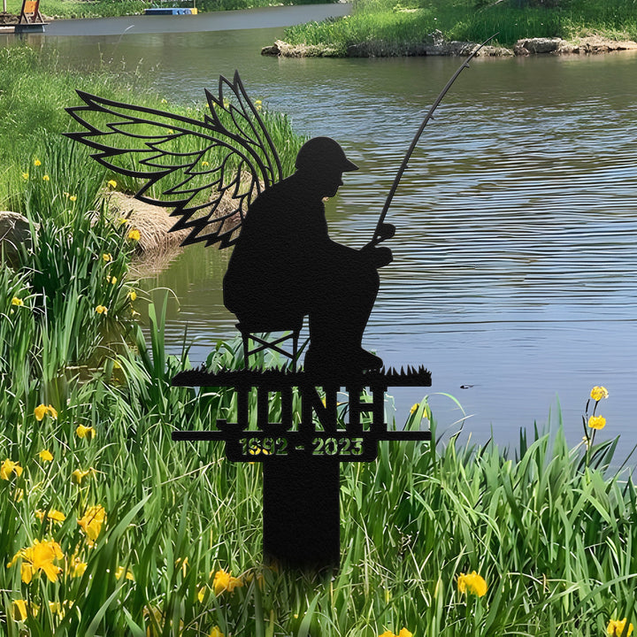 Personalized Fisherman With Wings Metal Stake, Loss Loved One, Sympathy Stake, Memorial Sign, Grave Marker, Fisherman Loss, Remembrance Sign