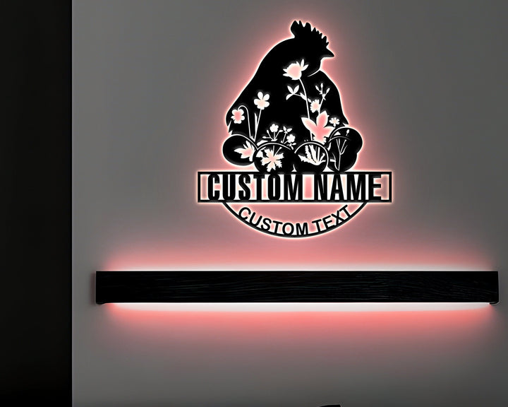 Personalized Floral Chicken Farm Sign With Lights, Outdoor Decor, Hen House Decor, Farmer Gift, Hen Coop Metal Sign,  Chicken Lover Gift