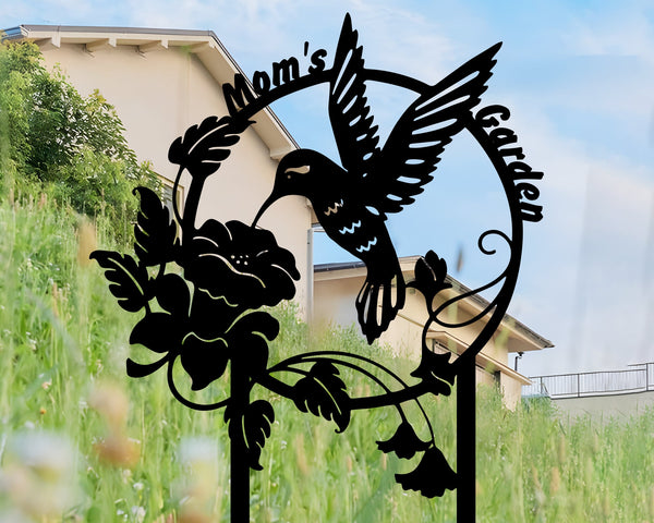 Custom Hummingbird Metal Garden Stake, Personalized Garden Name Sign, Metal Yard Sign, Garden Metal Art, Garden Decors, Floral Metal Sign