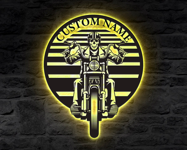 Led Light Metal Skull Motorcycle Sign, Motorbike Skull Motorcycle Metal Wall Art, Personalized Biker Name Sign, Gift For Biker