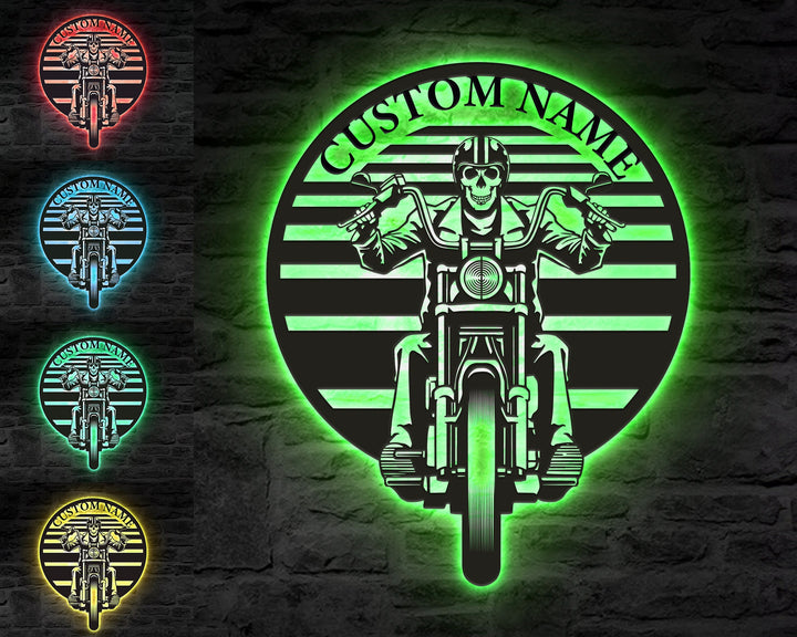 Led Light Metal Skull Motorcycle Sign, Motorbike Skull Motorcycle Metal Wall Art, Personalized Biker Name Sign, Gift For Biker