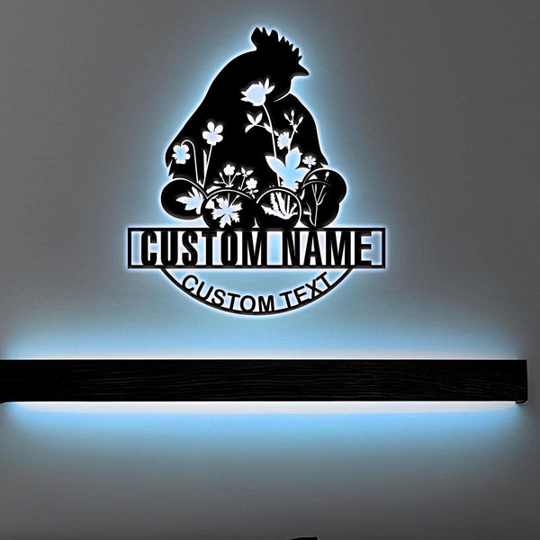 Personalized Floral Chicken Farm Sign With Lights, Outdoor Decor, Hen House Decor, Farmer Gift, Hen Coop Metal Sign,  Chicken Lover Gift
