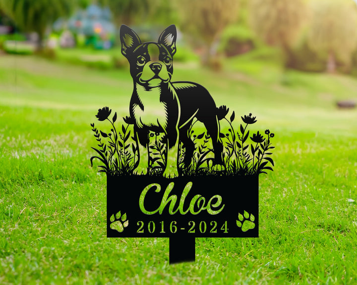 Custom Boston Terrier Dog, Metal Memorial Garden Stake, Personalized Pet Grave Marker Name Sign, Remembrance Stake, Sympathy Dog Loss Gift