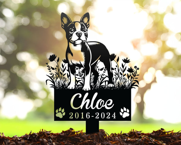 Custom Boston Terrier Dog, Metal Memorial Garden Stake, Personalized Pet Grave Marker Name Sign, Remembrance Stake, Sympathy Dog Loss Gift