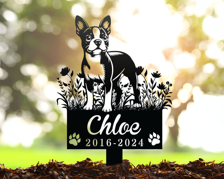 Custom Boston Terrier Dog, Metal Memorial Garden Stake, Personalized Pet Grave Marker Name Sign, Remembrance Stake, Sympathy Dog Loss Gift