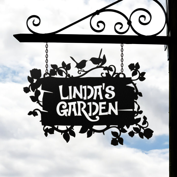 Custom Hanging Garden Sign, Personalized Garden Name Sign, Flower Bird Garden Plaque, Outdoor Garden Gift, Memorial Garden Sign, Metal Sign